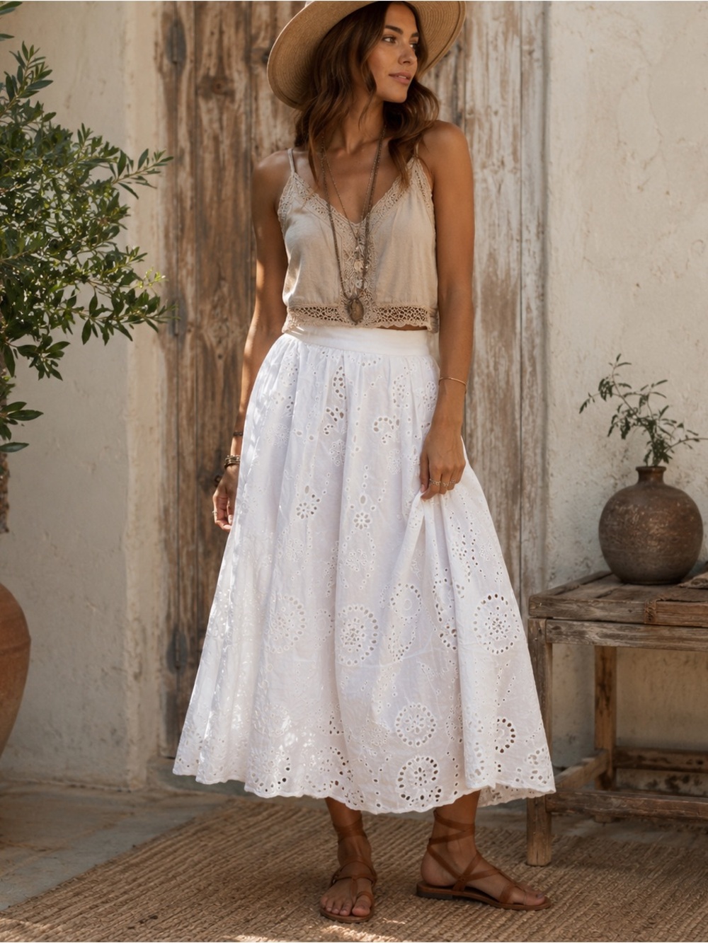 Haute Monde White Eyelet Embroidered Cotton Skirt Size L Boho